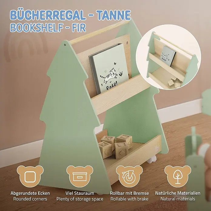 ECD Germany Holzregal Tanne Bücherregal mit 3 Ablagen & 4 Rollen MDF / Kiefer -  - Hellgrünes Tannenbaum-Bücherregal für Kinder mit Ablagen und Rollen mit Bremsen.