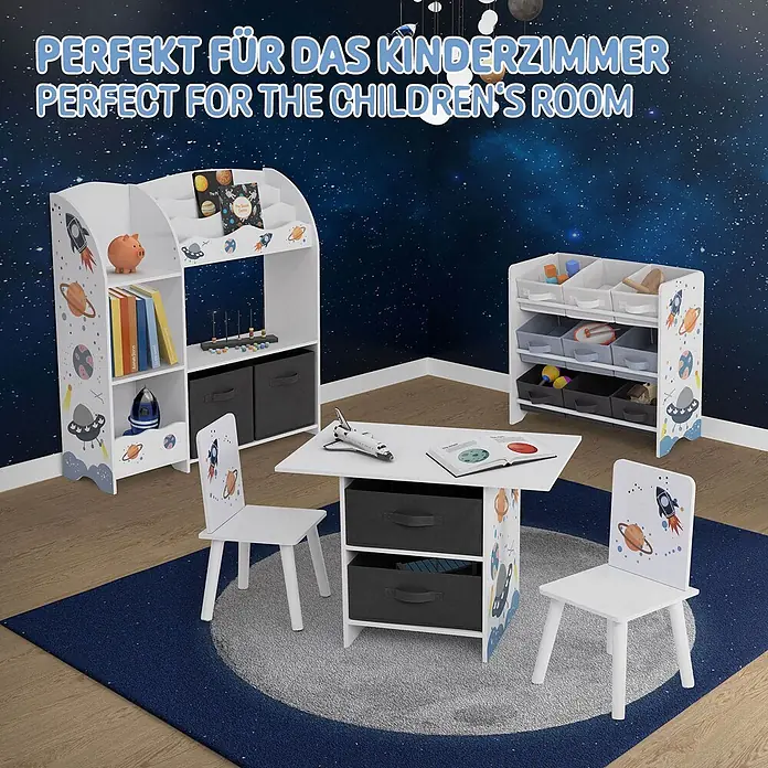 ECD Germany Holzregal Weltraum Bücherregal mit 8 Ablagen & 2 Boxen Pressspan / Vlies -  - Weißes Kindermöbelset im Weltraum-Design (Bücherregal, Aufbewahrung, Tisch, Stühle) im Sternenzimmer.