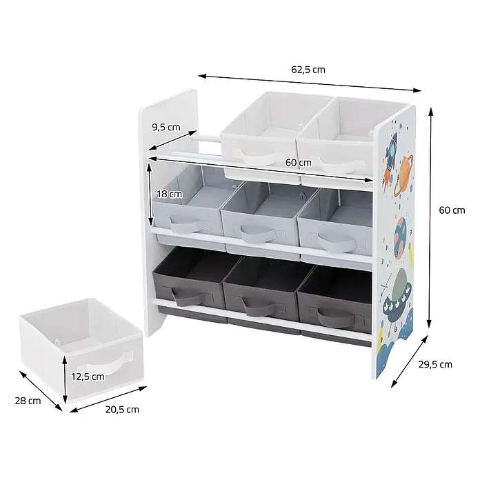 ECD Germany Holzregal Weltraum Bücherregal mit 9 Boxen & 3 Etagen Pressspan / Vlies -  - Weißes Kinderregal mit Weltraum-Seitenwand und mehreren Stoffbehältern zur Organisation. Maße der Einheit und der Behälter sind angegeben.