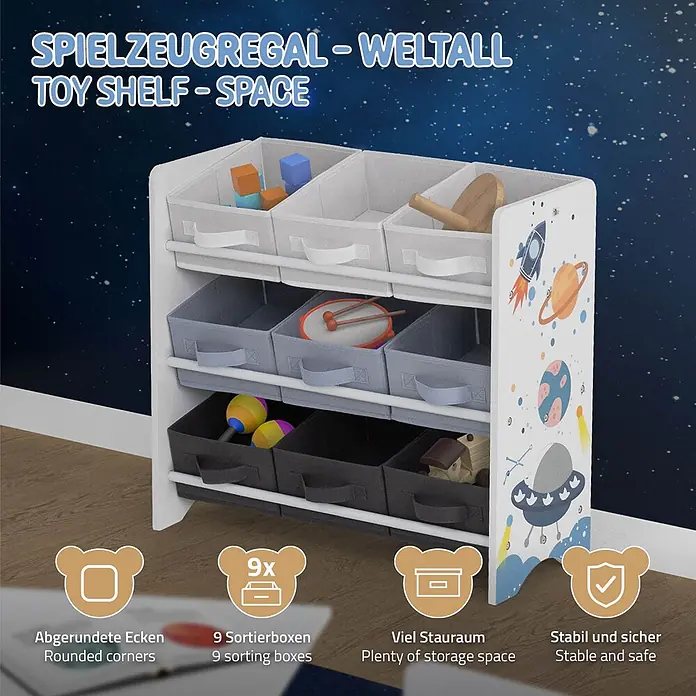 ECD Germany Holzregal Weltraum Bücherregal mit 9 Boxen & 3 Etagen Pressspan / Vlies -  - Weißes Holz-Spielzeugregal mit Weltall-Design und neun Stoff-Sortierboxen (weiß, grau, dunkelgrau), gefüllt mit Spielzeug, vor Sternenhimmel-Hintergrund.
