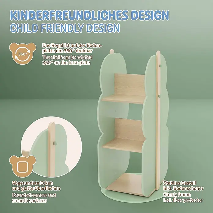 ECD Germany Holzregal Baum Bücherregal mit 5 Ablagen, 360° drehbar, MDF -  - Ein kinderfreundliches, hellgrünes und naturbelassenes Holz-Drehregal mit abgerundeten Ecken und stabiler Basis.