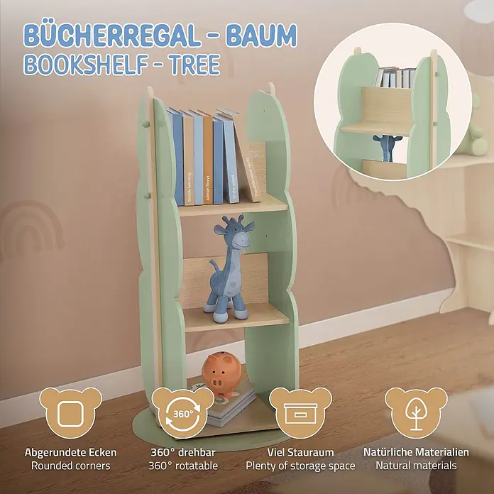 ECD Germany Holzregal Baum Bücherregal mit 5 Ablagen, 360° drehbar, MDF -  - Hellgrünes, baumförmiges Kinder-Bücherregal mit Holzablagen, drehbar und mit abgerundeten Ecken für Bücher und Spielzeug.
