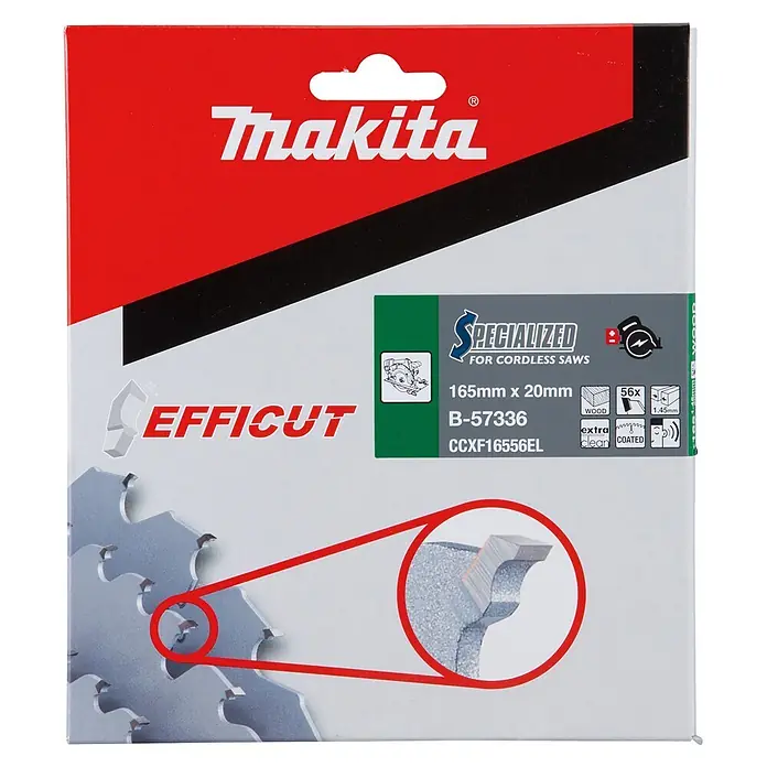 Makita Kreissägeblatt Efficut B-57336 - 165 mm, Bohrung: 20 mm, Anzahl Zähne: 56 Stk. - Makita EffiCut 165mm Kreissägeblatt (B-57336) für Akku-Sägen, 56 Zähne, in rot-weißer Verpackung.
