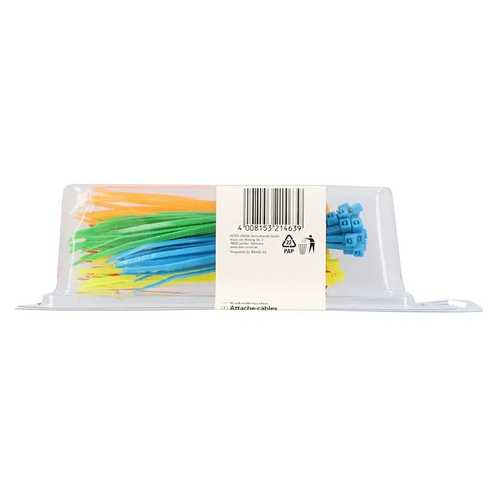 Voltomat Kabelbinder-Set - B x L: 25 x 100 mm, Kunststoff, Bunt - Bunte Kunststoff-Kabelbinder (gelb, grün, blau, orange) in klarer Verkaufsverpackung.