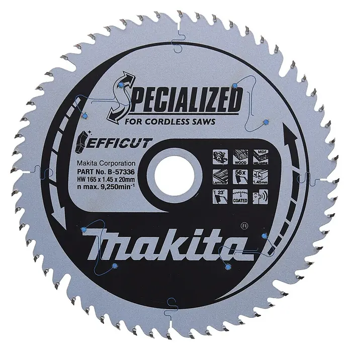 Makita Kreissägeblatt Efficut B-57336 - 165 mm, Bohrung: 20 mm, Anzahl Zähne: 56 Stk. - Makita Efficut Kreissägeblatt für Akkusägen, silber mit schwarzen Details, 56 Zähne, optimiert für effizientes Schneiden.