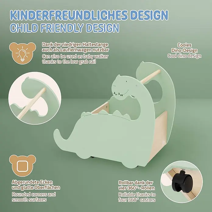ECD Germany Holzregal Dino Spielzeugkiste mit 4 Rollen ideal als Lauflernwagen MDF / Kiefe -  - Hellgrüner Lauflernwagen/Rutschauto in Dinoform aus Holz mit abgerundeten Ecken und 360°-Rollen.