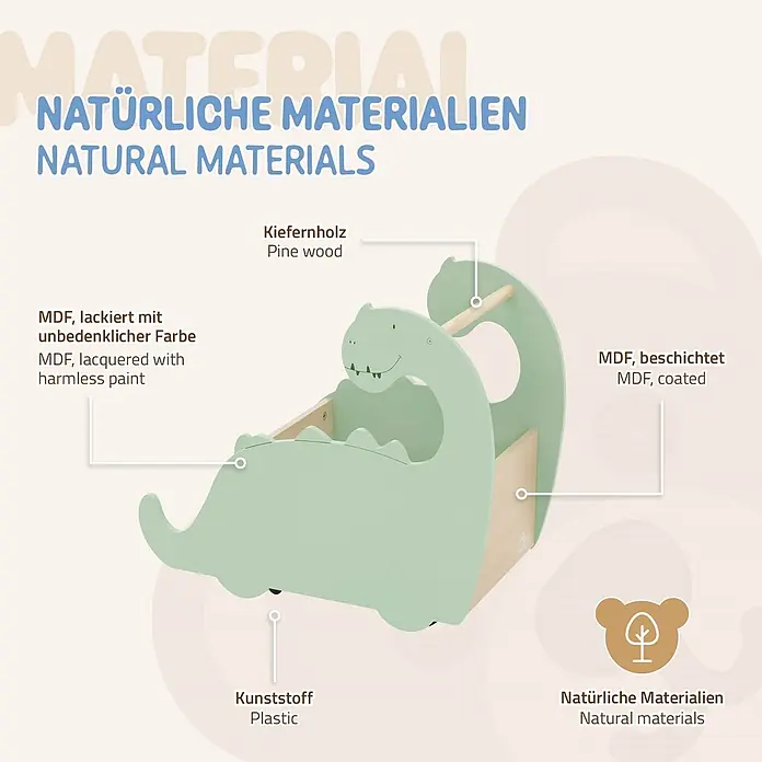 ECD Germany Holzregal Dino Spielzeugkiste mit 4 Rollen ideal als Lauflernwagen MDF / Kiefe -  - Hellgrünes Dino-Sitzspielzeug aus lackiertem MDF und Kiefernholz mit Kunststoffrädern, aus natürlichen Materialien.
