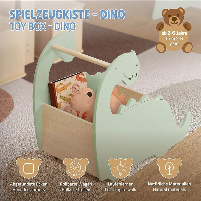 ECD Germany Holzregal Dino Spielzeugkiste mit 4 Rollen ideal als Lauflernwagen MDF / Kiefe -  - Hellgrüne und hölzerne Dino-Spielzeugkiste mit Griff, als rollbarer Lauflernwagen für Kinder von 2-6 Jahren.