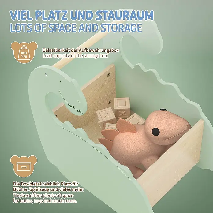 ECD Germany Holzregal Dino Spielzeugkiste mit 4 Rollen ideal als Lauflernwagen MDF / Kiefe -  - Hellgrüne Dinosaurier-förmige Holz-Aufbewahrungsbox mit Naturholz-Interieur, gefüllt mit Spielzeug.