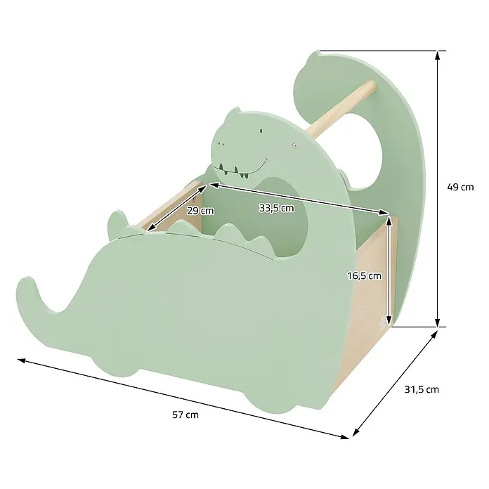 ECD Germany Holzregal Dino Spielzeugkiste mit 4 Rollen ideal als Lauflernwagen MDF / Kiefe -  - Hellgrünes Holzdinosaurier-Schaukeltier mit integrierter Aufbewahrungsbox und Holzgriffen.