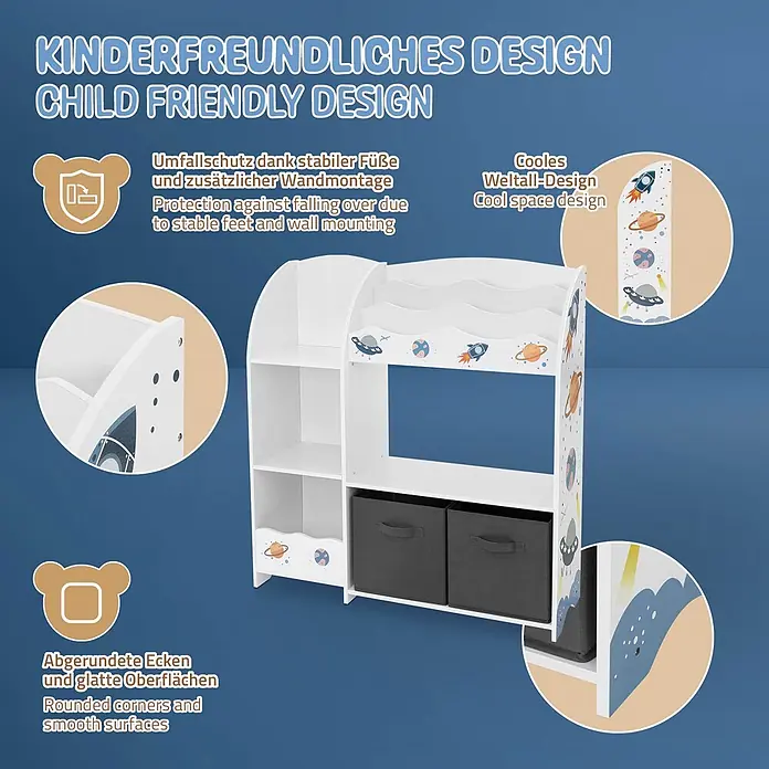 ECD Germany Holzregal Weltraum Bücherregal mit 8 Ablagen & 2 Boxen Pressspan / Vlies -  - Weißes kinderfreundliches Regal mit Weltraum-Design, abgerundeten Ecken und Kippschutz, mit grauen Aufbewahrungsboxen für Kinderzimmer.