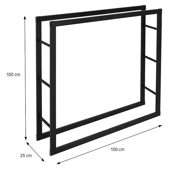 Kaminholzregal 100x100x25 cm rechteckig Schwarz aus Metall Innen/Außen -  - Schwarzes Metallgestell mit den Maßen 100 cm Höhe, 100 cm Länge und 25 cm Tiefe.