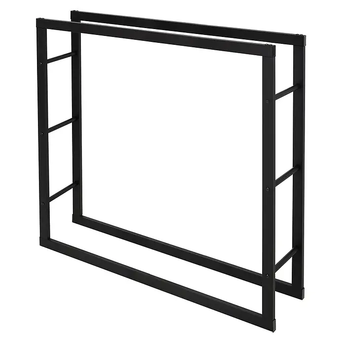 Kaminholzregal 100x100x25 cm rechteckig Schwarz aus Metall Innen/Außen -  - Schwarzes Metallgestell für einen Handtuchhalter oder Konsolentisch, mit zwei rechteckigen Abschnitten, die durch Querstangen verbunden sind.