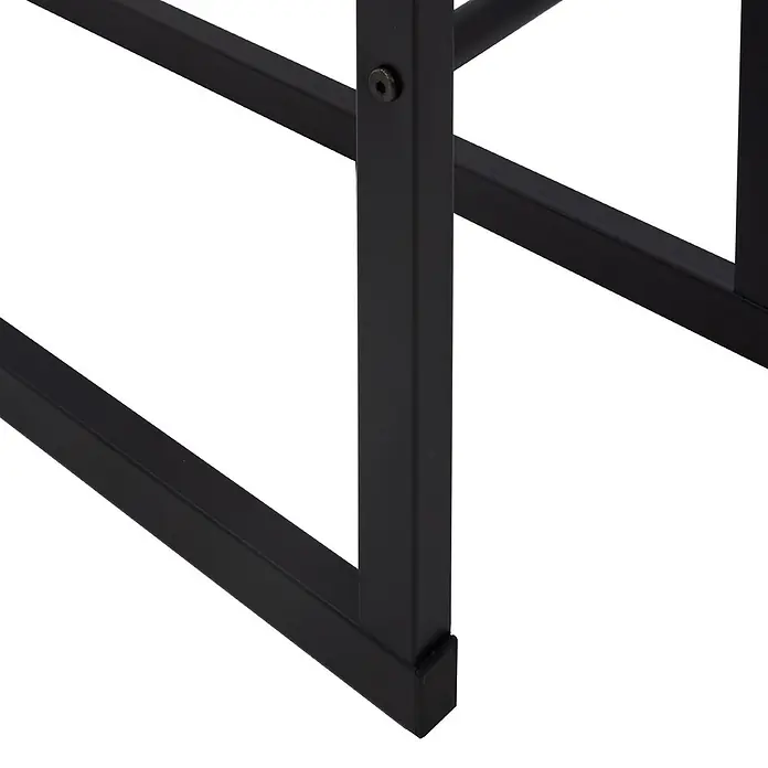 Kaminholzregal 60x150x25 cm rechteckig Schwarz aus Metall Innen/Außen -  - Detail eines schwarzen Metallmöbelrahmens aus Vierkantprofilen mit Sechskantschraubverbindung und Fußkappe.