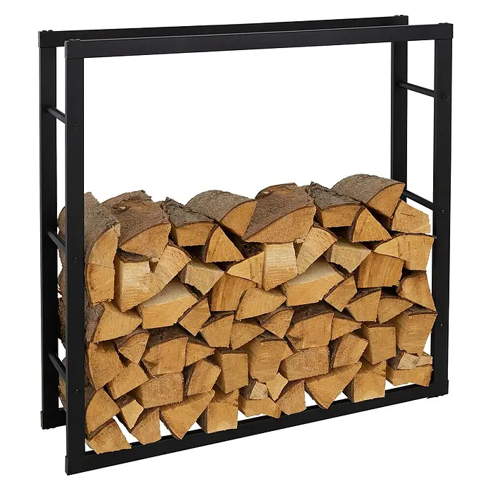Kaminholzregal 100x100x25 cm rechteckig Schwarz aus Metall Innen/Außen -  - Schwarzes Metall-Brennholzregal, gefüllt mit sauber gestapelten, gespaltenen Holzscheiten.