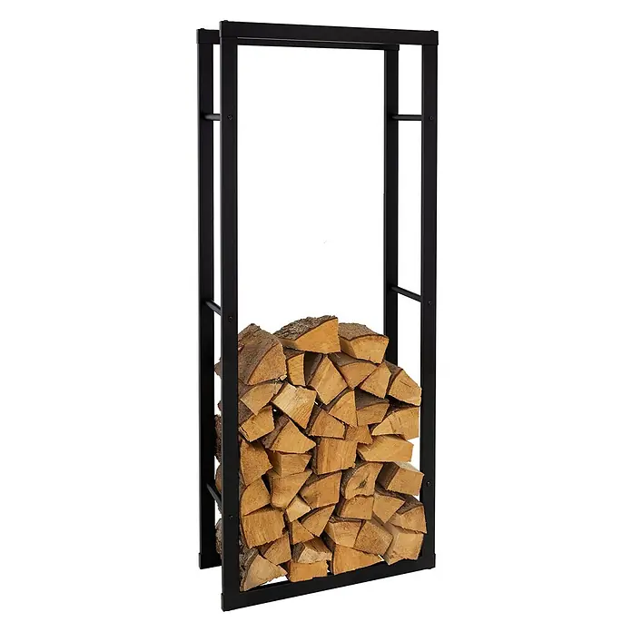 Kaminholzregal 60x150x25 cm rechteckig Schwarz aus Metall Innen/Außen -  - Schwarzes Metall-Brennholzregal, teilweise mit gehacktem Holz gefüllt.