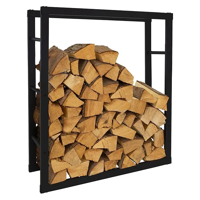 Kaminholzregal 80x100x25 cm rechteckig Schwarz ausMetall Innen/Außen -  - Schwarzes Metall-Brennholzregal, gefüllt mit gespaltenen Holzscheiten.