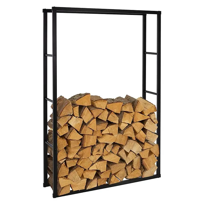 Kaminholzregal 100x150x25cm rechteckig Schwarz aus Metall Innen/Außen -  - Schwarzes Metall-Kaminholzregal, teilweise mit gespaltenen Holzscheiten gefüllt.