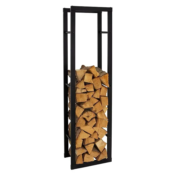 Kaminholzregal 40x150x25 cm rechteckig Schwarz aus Metall Innen/Außen -  - Schwarzes Metall-Holzregal, gefüllt mit sauber gestapeltem gespaltenem Brennholz.
