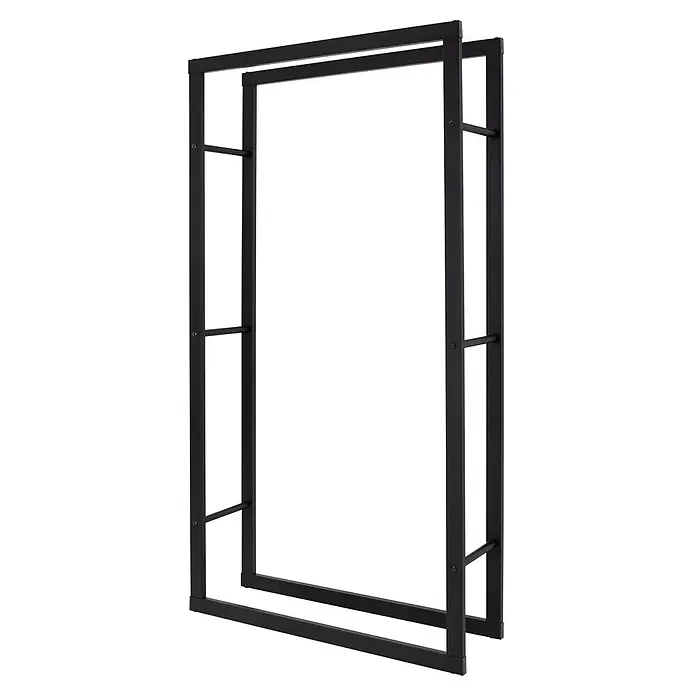 Kaminholzregal 80x150x25 cm rechteckig Schwarz aus Metall Innen/Außen -  - Schwarzer Metallrahmen für einen Konsolentisch oder ein schmales Regal, mit vertikalen Pfosten und horizontalen Stützstangen.