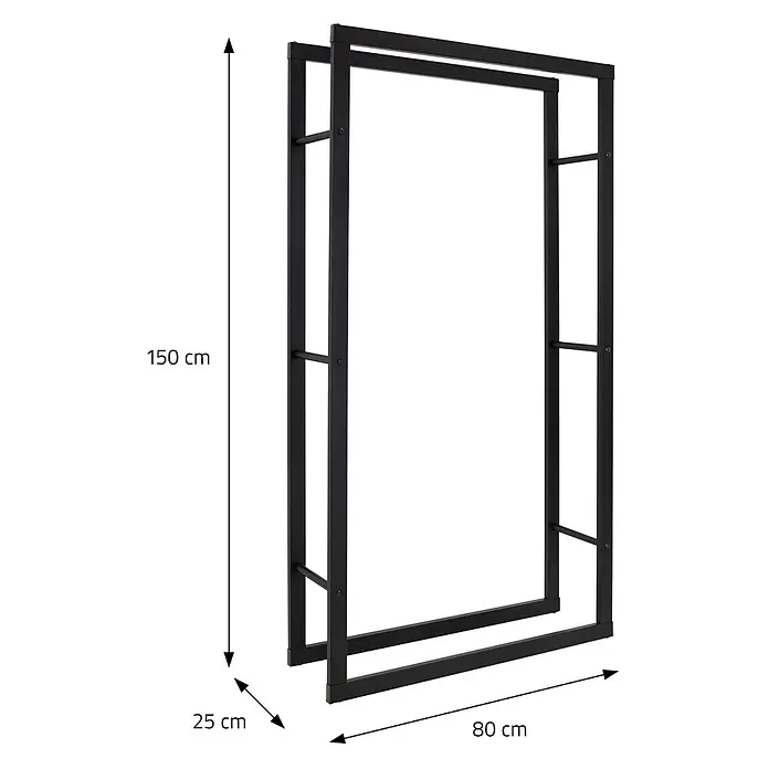 Kaminholzregal 80x150x25 cm rechteckig Schwarz aus Metall Innen/Außen -  - Schwarzer Metall-Kleiderständer, 150 cm hoch, 80 cm breit, 25 cm tief, mit minimalistischem offenem zweistufigem Design.