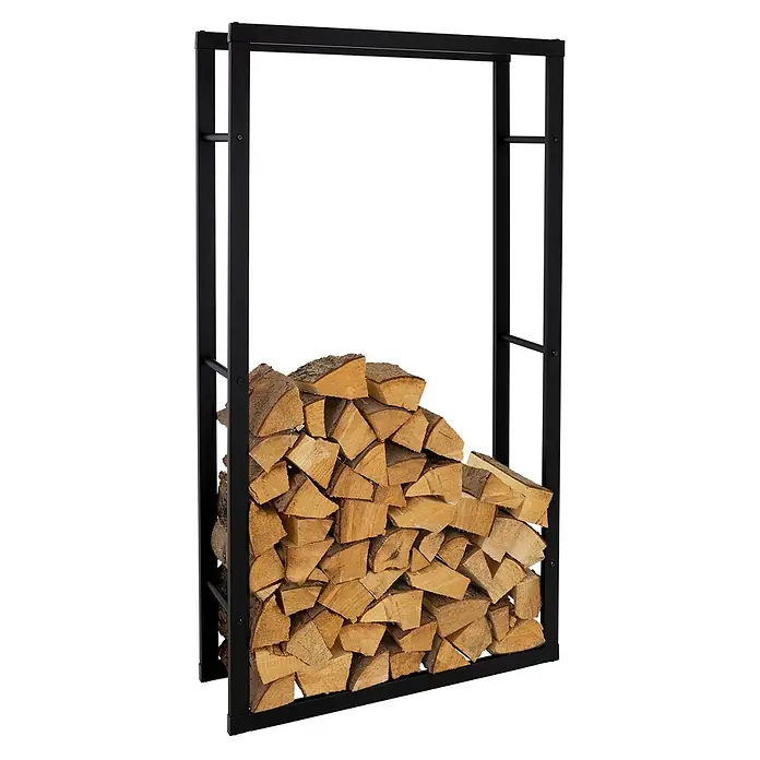 Kaminholzregal 80x150x25 cm rechteckig Schwarz aus Metall Innen/Außen -  - Schwarzes Metall-Holzregal, gefüllt mit gespaltenem Holz.