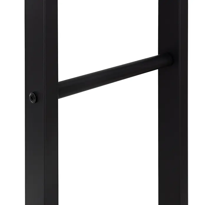 Kaminholzregal 40x100x25cm rechteckig Schwarz aus Stahl -  - Nahaufnahme eines schwarzen Metallgestells mit zwei vertikalen Pfosten, die durch eine horizontale Stange verbunden und mit einer Inbusschraube befestigt sind.
