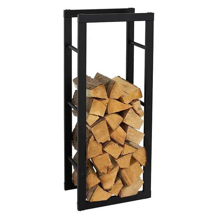 Kaminholzregal 40x100x25cm rechteckig Schwarz aus Stahl -  - Schwarzes Metall-Kaminholzregal gefüllt mit gespaltenem Holz.