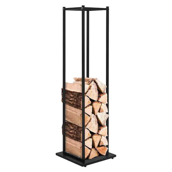 ML-Design Kaminholzregal Brennholz Säule zum Lagern für Kantholz aus pulverbeschichtetem Stahl -  - Schwarzes Metall-Holzregal, gefüllt mit gespaltenen Holzscheiten zur geordneten Lagerung.