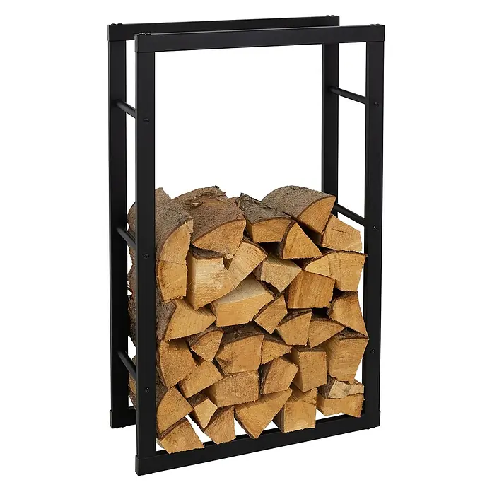Kaminholzregal 60x100x25cm rechteckig Schwarz aus Stahl -  - Schwarzes Kaminholzregal aus Metall, gefüllt mit gespaltenen Holzscheiten.