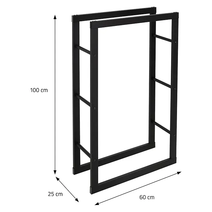 Kaminholzregal 60x100x25cm rechteckig Schwarz aus Stahl -  - Schwarzes Metallregalgestell, 100 cm hoch, 60 cm breit und 25 cm tief.