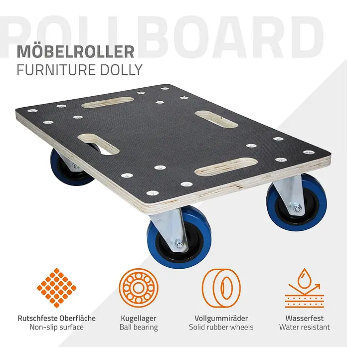 ECD Germany Transportroller Rollbrett Lastenroller Möbelhund 35x50 cm 2er Set - Verbundwerkstoff - Schwarzer rutschfester Möbelroller mit Holzplatte und vier blauen Vollgummirädern mit Kugellagern.