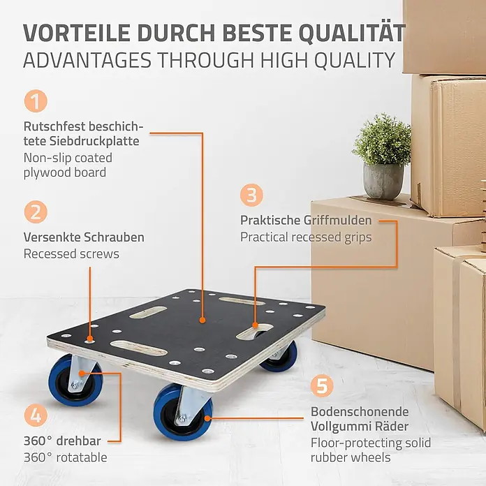 ECD Germany Transportroller Rollbrett Lastenroller Möbelhund 35x50 cm 2er Set - Verbundwerkstoff - Schwarzer und hölzerner Möbelroller mit blauen 360° drehbaren Rädern, rutschfester Oberfläche und praktischen Griffmulden zum Bewegen von Kartons.