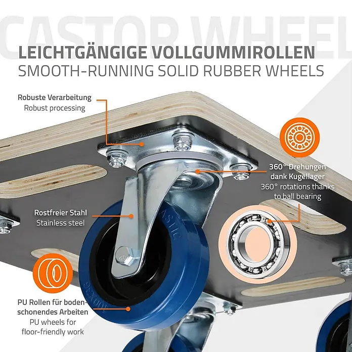 ECD Germany Transportroller Transportroller mit Siebdruckplatte, Möbel-Transport Transporthilfe - Verbundwerkstoff - Robuste Lenkrolle mit blauen Vollgummi-Rädern und Edelstahlgehäuse, mit 360°-Kugellagerdrehung für sanfte, bodenschonende Bewegung.