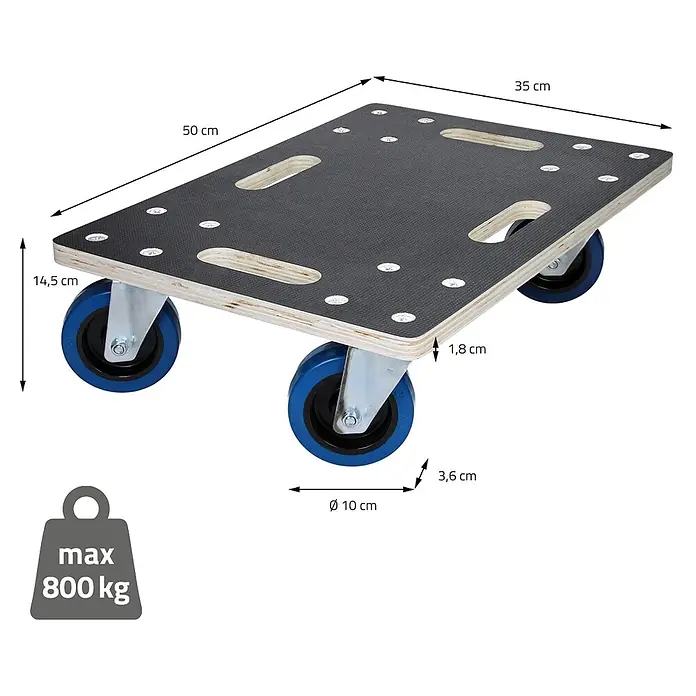 ECD Germany Transportroller Rollbrett Lastenroller Möbelhund 35x50 cm 2er Set - Verbundwerkstoff - Transportroller aus Sperrholz mit schwarzer Antirutsch-Oberfläche und blauen Rollen, 50x35x14,5 cm, max. 800 kg Tragkraft.