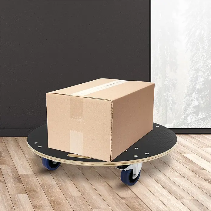 ECD Germany Transportroller Transportroller mit Siebdruckplatte, Möbel-Transport Transporthilfe - Verbundwerkstoff - Ein runder Holz-Möbelroller mit schwarzer Anti-Rutsch-Oberfläche und blauen Rollen, darauf ein Karton, auf Holzboden.