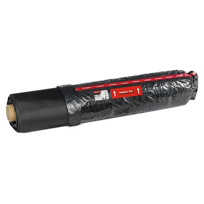 Lámina EPDM a metros - L x An x Es: 30 m x 3 m x 1 mm, Caucho - Un gran rollo de membrana de construcción negra, etiquetado 'Rollgum Top', envuelto en malla protectora transparente con cinta roja de marca.
