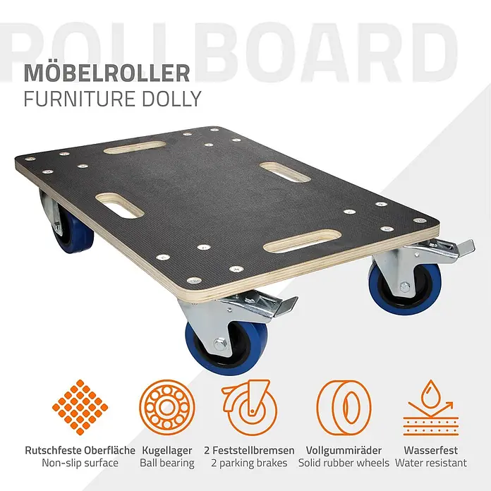 ECD Germany Transportroller Transportroller mit Siebdruckplatte, Möbel-Transport Transporthilfe - Verbundwerkstoff - Möbelroller aus Holz mit dunkler Antirutschfläche, vier blauen Vollgummi-Lenkrollen, zwei mit Feststellbremsen.