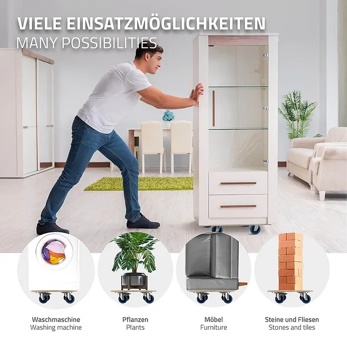 ECD Germany Transportroller Rollbrett Lastenroller Möbelhund Ø87x14,5 cm 2er Set - Verbundwerkstoff - Mann schiebt Schrank auf Rollbrett; Bilder zeigen Waschmaschine, Pflanze, Möbel, Steine auf Rollbrettern für vielseitigen Transport.