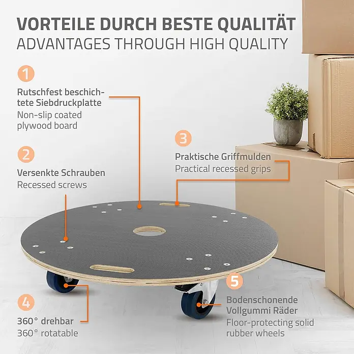 ECD Germany Transportroller Transportroller mit Siebdruckplatte, Möbel-Transport Transporthilfe - Verbundwerkstoff - Rundes Möbelroller mit dunkelgrauer Anti-Rutsch-Oberfläche, Holzkanten und blauen bodenschonenden Rollen, neben Umzugskartons dargestellt.