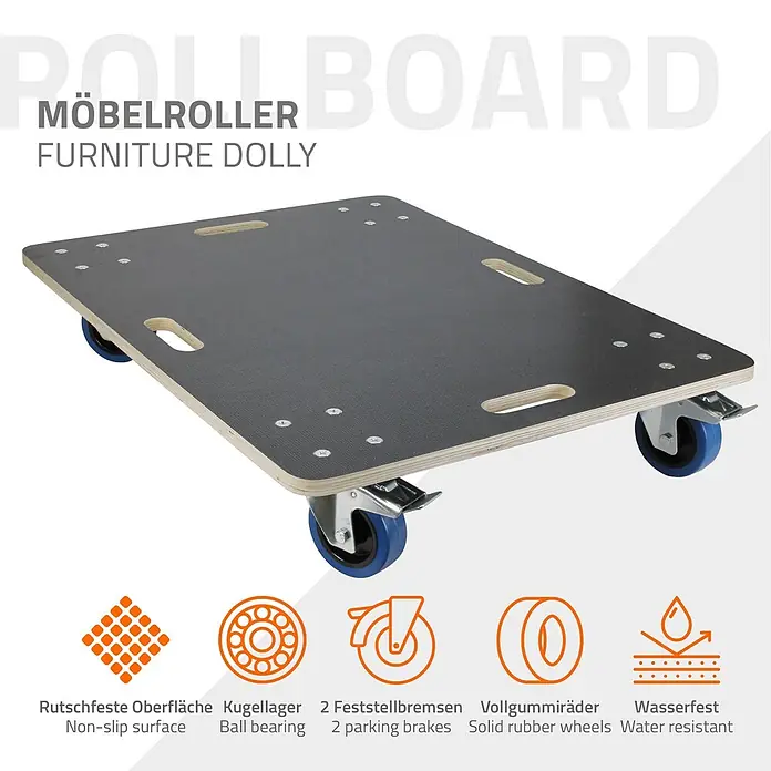 ECD Germany Transportroller Rollbrett Lastenroller Möbelhund 60x80 cm 2er Set mit Feststellbremse - Verbundwerkstoff - Möbelroller aus schwarzem Holz mit rutschfester Oberfläche und blauen Vollgummirollen, zwei davon mit Feststellbremse.