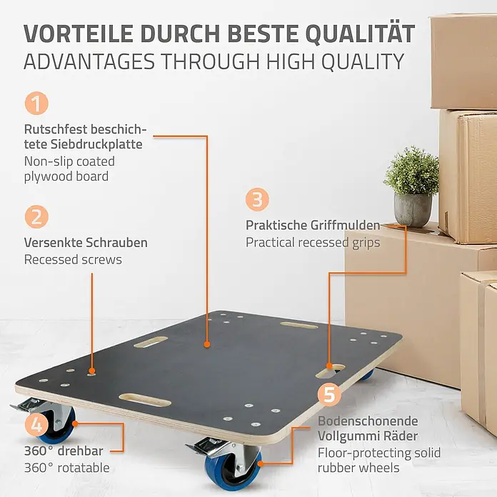 ECD Germany Transportroller Rollbrett Lastenroller Möbelhund 60x80 cm 2er Set mit Feststellbremse - Verbundwerkstoff - Hölzerner Transportroller mit rutschfester Oberfläche und blauen, 360° drehbaren Vollgummirädern.