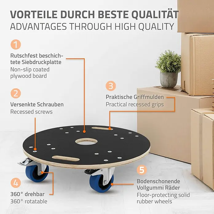 ECD Germany Transportroller Transportroller mit Siebdruckplatte, Möbel-Transport Transporthilfe - Verbundwerkstoff - Rundes Möbelroller mit schwarzer, rutschfester Multiplexplatte, blauen 360° drehbaren Bodenschutz-Vollgummirädern und Griffmulden.
