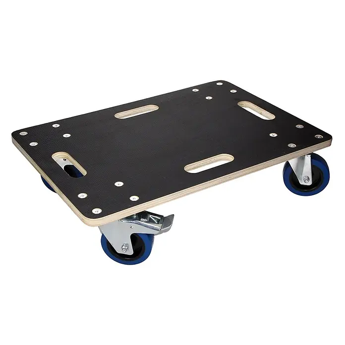ECD Germany Transportroller Rollbrett Lastenroller Möbelhund 40x60 cm mit Feststellbremse - Verbundwerkstoff - Transportroller aus Holz mit schwarzer Antirutschfläche, Naturholzkanten, vier blauen Lenkrollen und zwei integrierten Griffmulden.