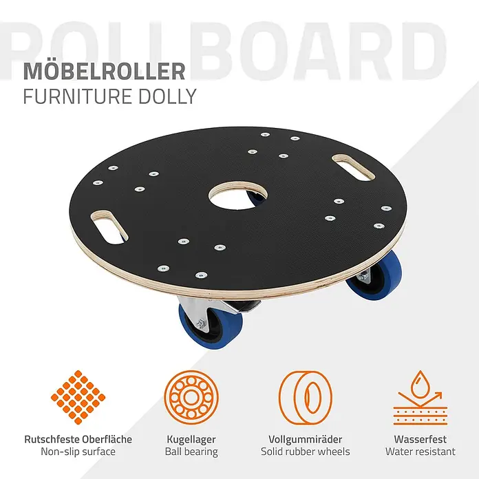 ECD Germany Transportroller Transportroller mit Siebdruckplatte, Möbel-Transport Transporthilfe - Verbundwerkstoff - Runder Möbelroller aus Holz mit schwarzer Anti-Rutsch-Oberfläche und vier blauen Rollen.