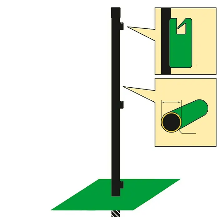 Zaunpfosten-Set - Länge: 150 cm, Durchmesser: 34 mm, 5 Stk. - Illustration eines schwarzen Ständers mit zwei Detailansichten, die eine grüne Tasche und ein grünes Rohr zeigen, ideal für Produktpräsentationen.