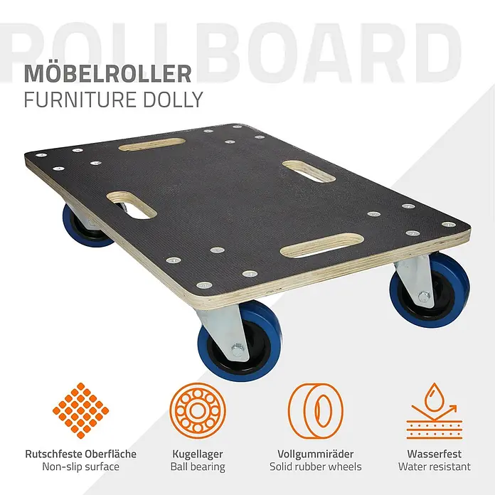 ECD Germany Transportroller Transportroller mit Siebdruckplatte, Möbel-Transport Transporthilfe - L x B x H: 60 x 40 x 14,5 cm, Verbundwerkstoff - Sperrholz-Möbelroller mit schwarzer Antirutsch-Oberfläche und blauen Vollgummirädern zum einfachen Transport.