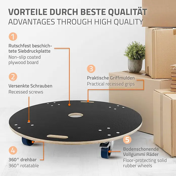ECD Germany Transportroller Rollbrett Lastenroller Möbelhund Ø87x14,5 cm 2er Set - Verbundwerkstoff - Rundes, schwarzes Anti-Rutsch-Sperrholz-Rollenbrett mit Griffmulden, versenkten Schrauben und 360° drehbaren, bodenschonenden Gummirädern.