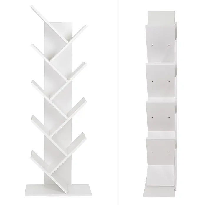 ML-Design Stufenregal Bodenstehendes Regal Aktenregal Aufbewahrungregal - H x B x T: 140 x 25 x 25 cm, Aufstellen, Weiß - Weißes Baum-Bücherregal mit mehreren Ablagen, Vorder- und Seitenansicht.