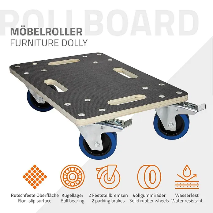 ECD Germany Transportroller Rollbrett Lastenroller Möbelhund 35x50 cm 2er Set mit Feststellbremse - Verbundwerkstoff - Möbelroller aus Holz mit schwarzer rutschfester Oberfläche und vier blauen Vollgummirädern, zwei davon mit Feststellbremsen.